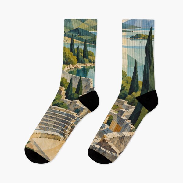 Item preview, Ancient Roman Amphitheater by a Mediterranean Lake – Geometric Cubist Landscape designed and sold by Amalia Gutyz.
