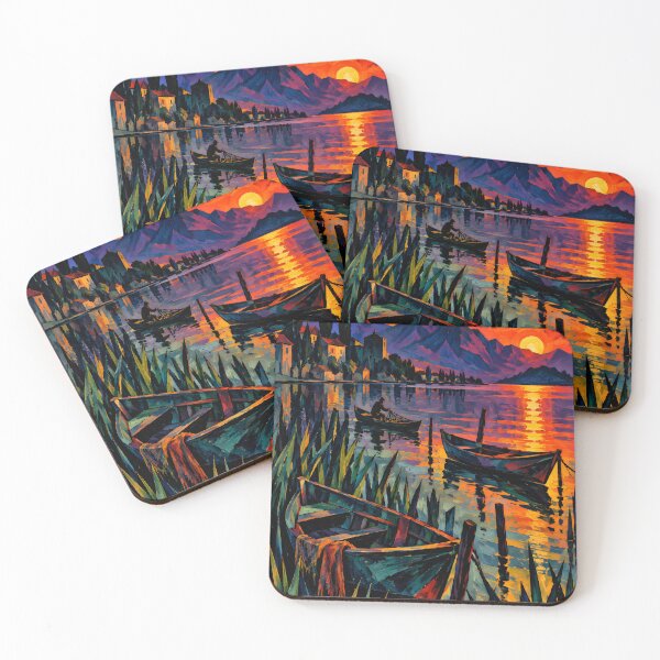 Item preview, Fishing Boats on a Mountain Lake at Sunset – Vibrant Expressionist Landscape Art designed and sold by Amalia Gutyz.