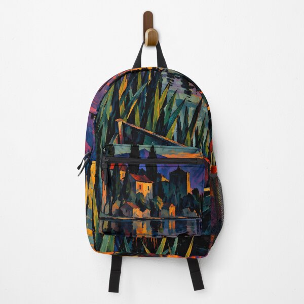 Item preview, Fishing Boats on a Mountain Lake at Sunset – Vibrant Expressionist Landscape Art designed and sold by Amalia Gutyz.