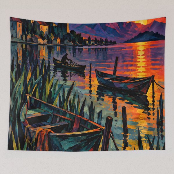 Item preview, Fishing Boats on a Mountain Lake at Sunset – Vibrant Expressionist Landscape Art designed and sold by Amalia Gutyz.