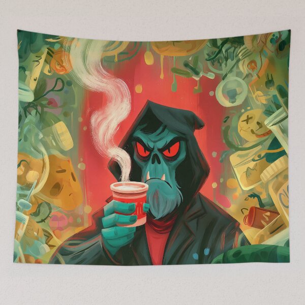Item preview, Grim Reaper Drinking Coffee Morning Mood Art designed and sold by Lunat1kk.