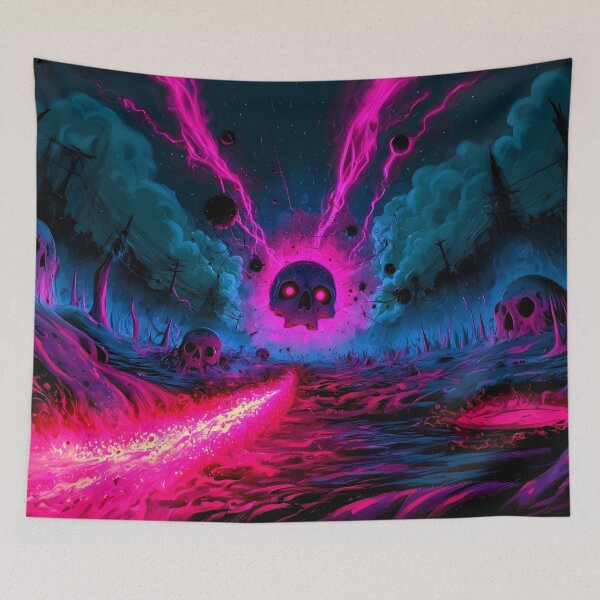 Item preview, Neon Skull Cosmic Void Cyberpunk Landscape Art designed and sold by Lunat1kk.
