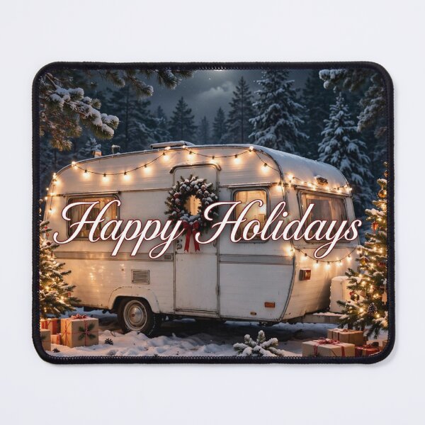 Item preview, Cozy Vintage Christmas Caravan in Snowy Forest with Happy Holidays Text - Photorealistic Winter designed and sold by Deepsleepstudio.