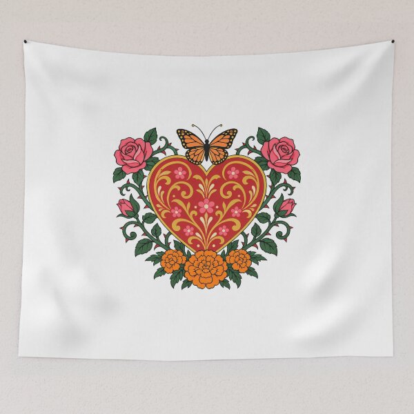 Item preview, Ornate Heart Roses Thorns Marigolds Folk Style designed and sold by Inkworksbyshery.