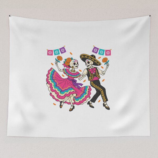 Item preview, Dancing Skeleton Couple Traditional Dress Marigolds designed and sold by Inkworksbyshery.