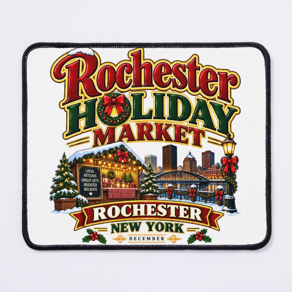 Item preview, Rochester New York Christmas Market Wooden Stall Skyline River Bridge Wreath Red Bow designed and sold by IRON WINGS /USAF.
