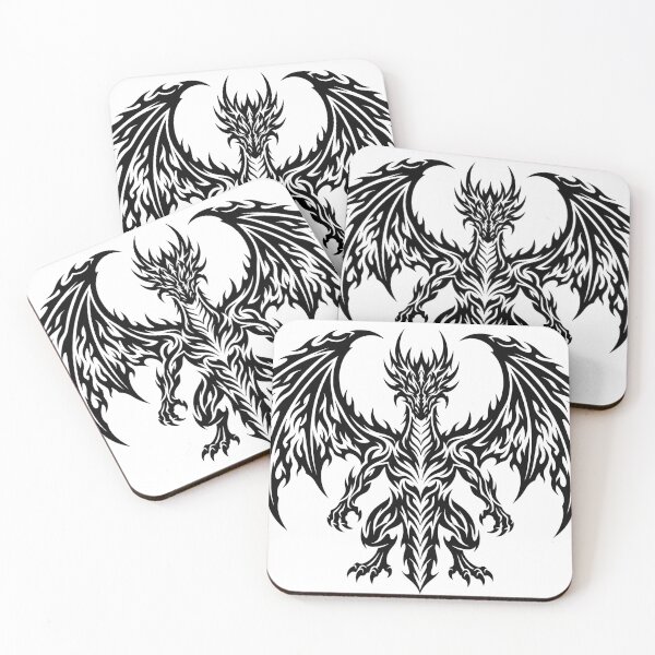 Item preview, Front Facing Tribal Dragon Tattoo – Symmetrical Black Flame Wing Dragon Mask Crest Art designed and sold by DragonSerpent Ink.