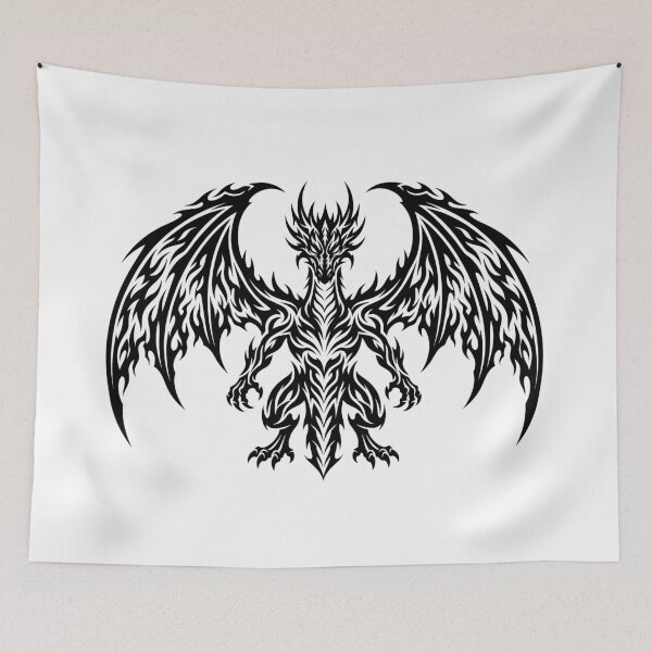 Item preview, Front Facing Tribal Dragon Tattoo – Symmetrical Black Flame Wing Dragon Mask Crest Art designed and sold by DragonSerpent Ink.