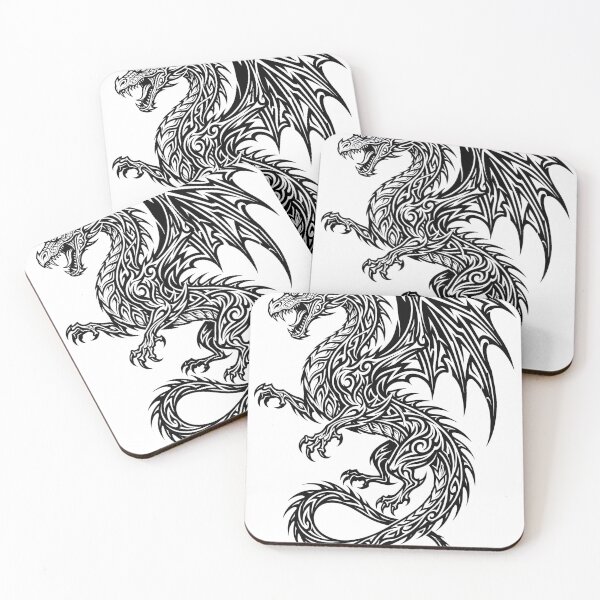 Item preview, Fine Line Tribal Dragon Tattoo – Intricate Swirl Winged Dragon Black Ink Illustration designed and sold by DragonSerpent Ink.