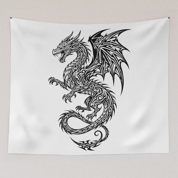 Item preview, Fine Line Tribal Dragon Tattoo – Intricate Swirl Winged Dragon Black Ink Illustration designed and sold by DragonSerpent Ink.