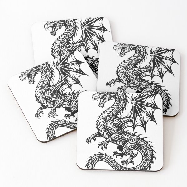 Item preview, Scaled Tribal Dragon Tattoo – Chevron Scale Winged Dragon Long Tail Black Ink Art designed and sold by DragonSerpent Ink.