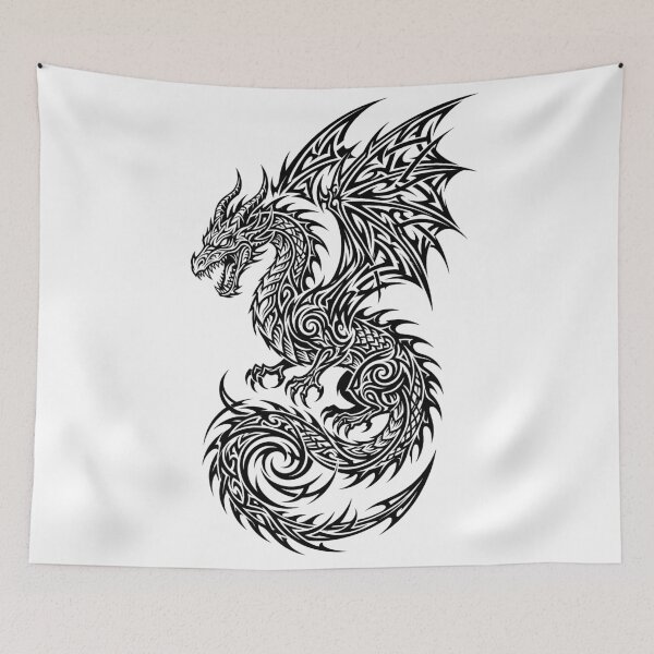Item preview, Tribal Swirl Dragon Tattoo – Polynesian Style Spiral Vortex Winged Dragon Black Ink Art designed and sold by DragonSerpent Ink.