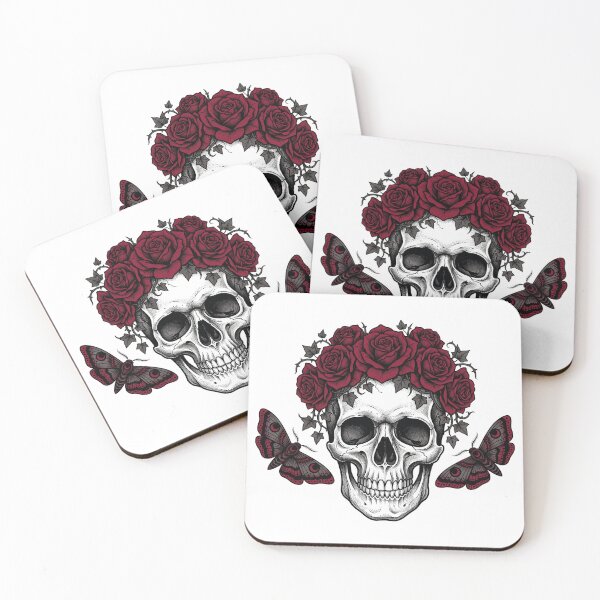 Item preview, Gothic Skull and Red Roses Crown Moths Tattoo Flash Art designed and sold by Pixele.