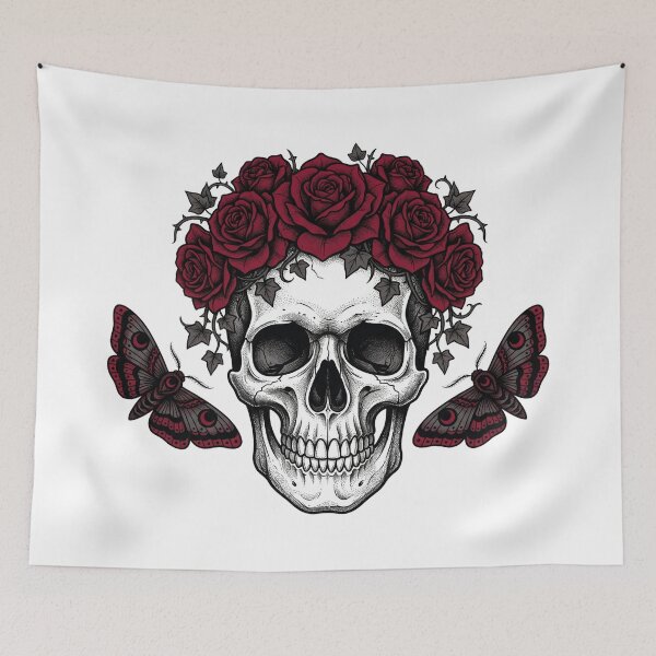 Item preview, Gothic Skull and Red Roses Crown Moths Tattoo Flash Art designed and sold by Pixele.