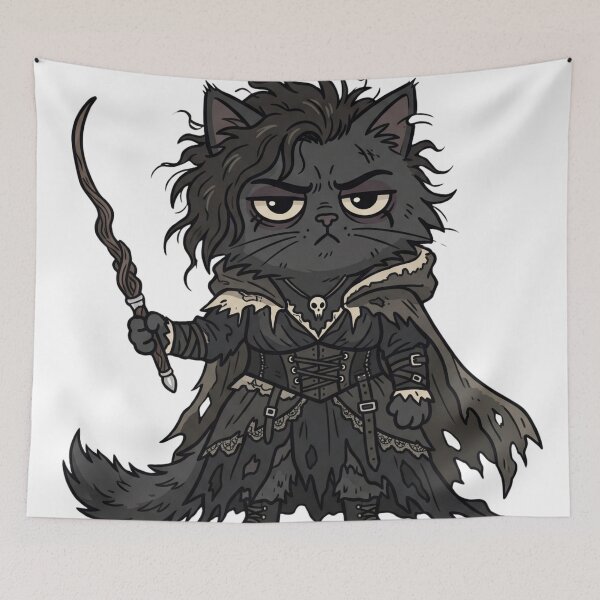 Item preview, Grumpy Dark Fantasy Goth Witch Cat Magic Wand Art designed and sold by Hiril Sindarim.