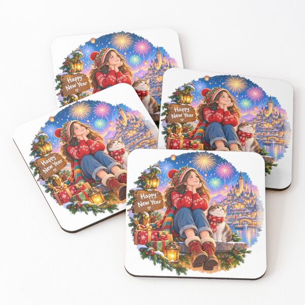 Item preview, Happy New Year Cute Girl and Cat Fireworks Fantasy Castle Celebration designed and sold by  RoseCraft Atelier.