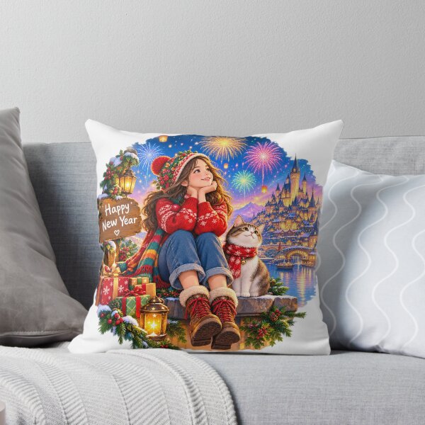 Item preview, Happy New Year Cute Girl and Cat Fireworks Fantasy Castle Celebration designed and sold by  RoseCraft Atelier.