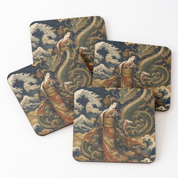 Item preview, Japanese Dragon and Geisha Ukiyo-e Art | Waves and Gold Moon designed and sold by vekotpu.
