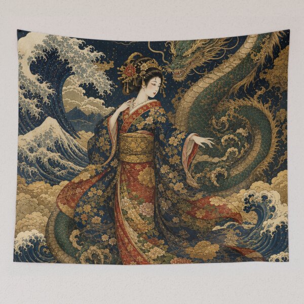 Item preview, Japanese Dragon and Geisha Ukiyo-e Art | Waves and Gold Moon designed and sold by vekotpu.