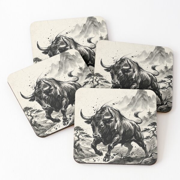 Item preview, Sumi-e Bull in Mystic Mountain Landscape Art designed and sold by iris-festival.