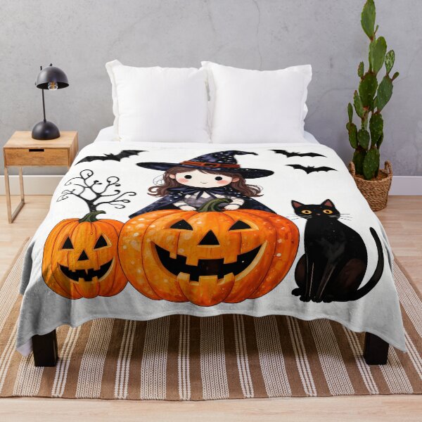 Item preview, Cute Halloween Witch, Cat, Bats and Carved Pumpkin designed and sold by artedamensagem.