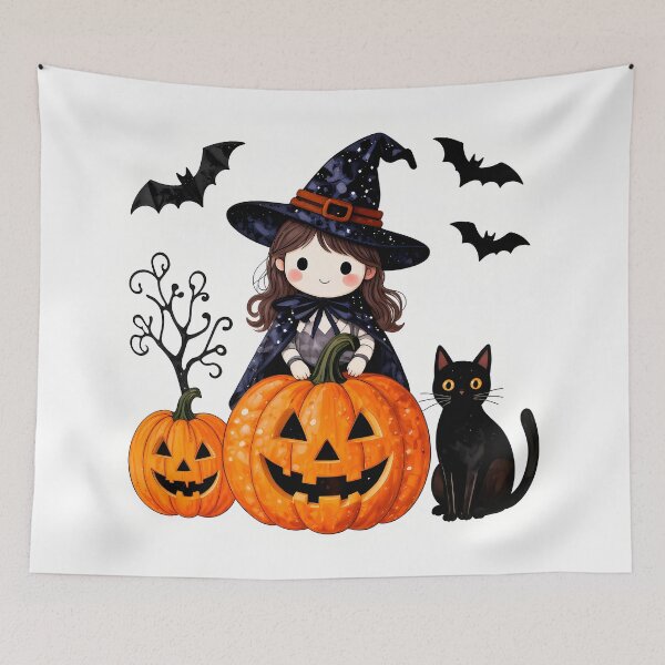Item preview, Cute Halloween Witch, Cat, Bats and Carved Pumpkin designed and sold by artedamensagem.
