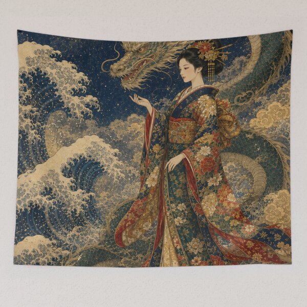 Item preview, Mystical Japanese Dragon and Kimono Maiden | Ukiyo-e Fantasy Art designed and sold by vekotpu.