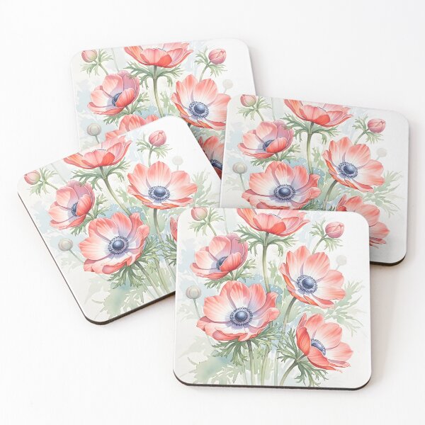 Item preview, Coral Anemone Bouquet with Navy Centers Watercolor designed and sold by VelloomStore.