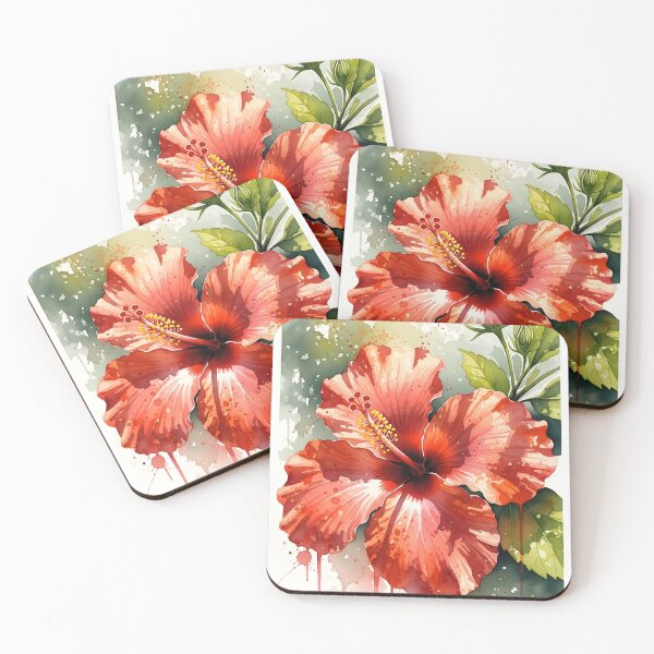 Item preview, Red Hibiscus with Buds and Paint Splash Watercolor designed and sold by VelloomStore.
