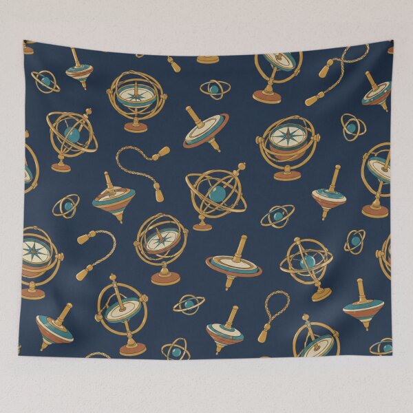 Item preview, Gyroscope Pattern | Brass Gimbal Gyroscopes, Spinning Tops and Orbit Rings on Navy designed and sold by NominalSystems.