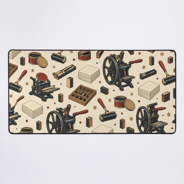 Item preview, Printing Press Pattern | Antique Letterpress Machines, Ink Brayers, Type Cases and Paper Stacks on Cream designed and sold by NominalSystems.