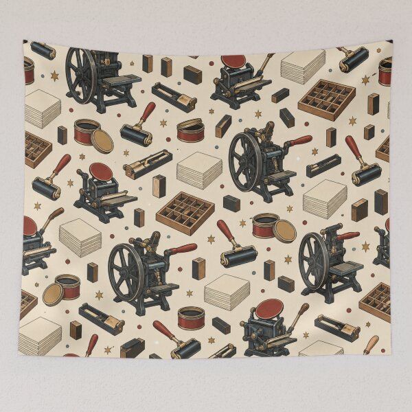 Item preview, Printing Press Pattern | Antique Letterpress Machines, Ink Brayers, Type Cases and Paper Stacks on Cream designed and sold by NominalSystems.