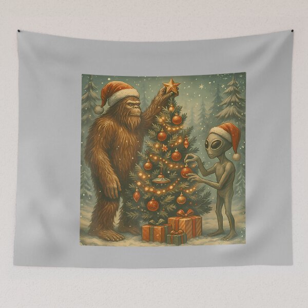 Item preview, Alien and Bigfoot Decorating Christmas Tree Sasquatch Retro designed and sold by mjohnson9.