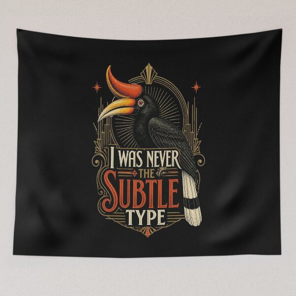 Item preview, Rhinoceros Hornbill "I Was Never The Subtle Type" Gothic Art Deco Halloween Bird Shirt | Exotic Hornbill Bold Quote Dark Aesthetic Tee designed and sold by Max Store.