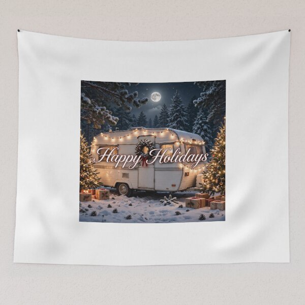 Item preview, Cozy Vintage Christmas Caravan in Snowy Forest with Happy Holidays Text - Photorealistic Winter designed and sold by Deepsleepstudio.
