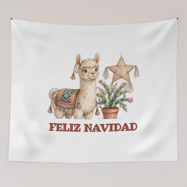 Item preview, Feliz Navidad - Festive Llama with Colorful Blanket and Christmas Cactus flowers designed and sold by Foriart.