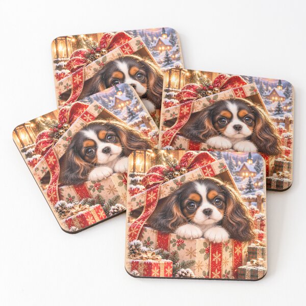 Item preview, Cavalier King Charles Spaniel Christmas Puppy in Gift Box designed and sold by ManJiangHong.