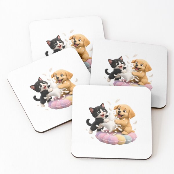 Item preview, Cats vs Dogs Pillow Fight – Cute 3D Kitten and Puppy Sticker designed and sold by glitchman2.