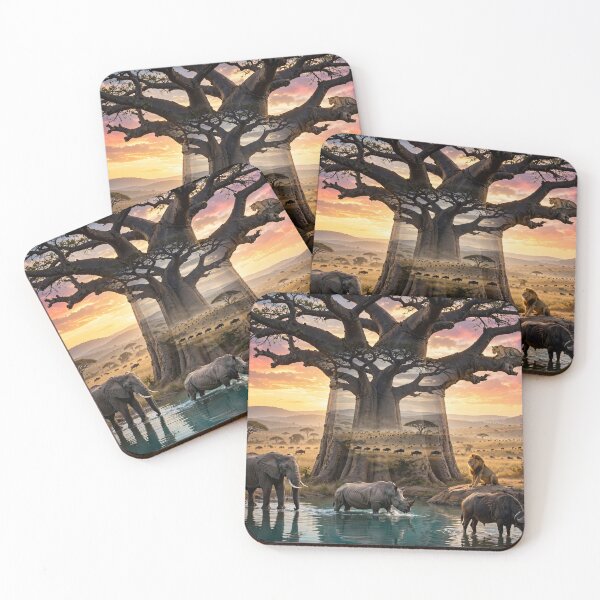 Item preview, Guardians of the African Sunset – Big Five Wildlife and Baobab Double Exposure designed and sold by DreamyWallVibes.