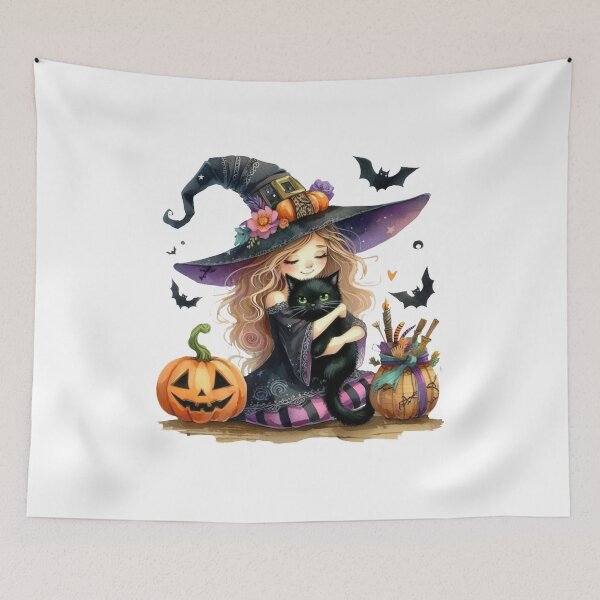 Item preview, Cute Witch Girl Hugging Black Cat Pumpkin Bats - Halloween Watercolor 2026 designed and sold by OmniaRozza.