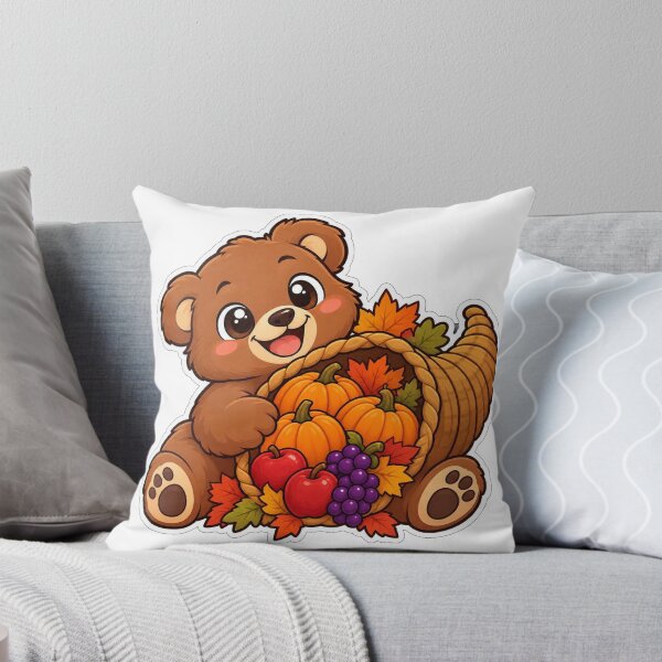 Item preview, Cute Bear Hugging Cornucopia with Pumpkins and Grapes | Thanksgiving Harvest Bear designed and sold by SaeedArtStudio.