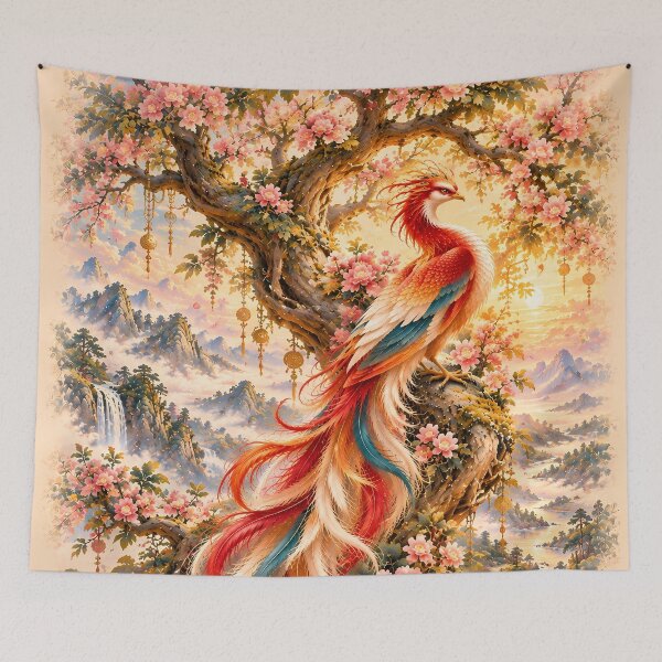 Item preview, Colorful Phoenix Bird Cherry Blossoms Peony Flowers Chinese Landscape Art designed and sold by ManJiangHong.