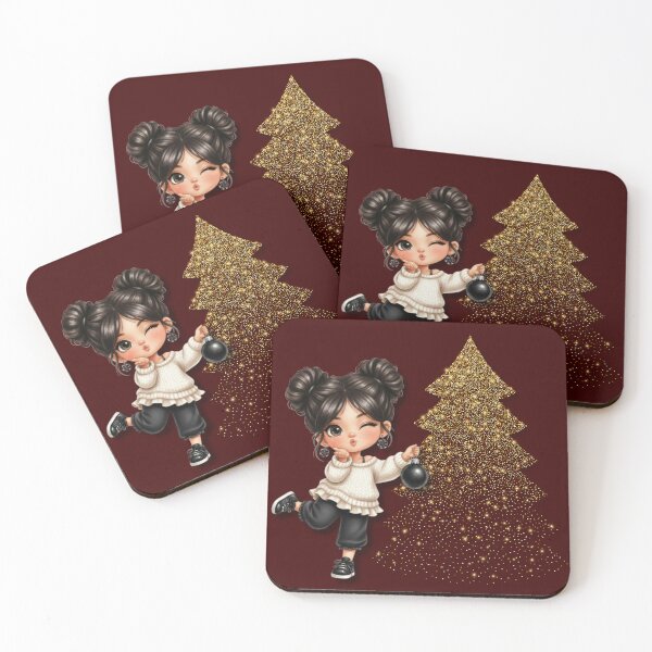 Item preview, Cute Christmas Girl with Golden Glitter Tree and Black Ornament designed and sold by Golden_Pixel_Paper.