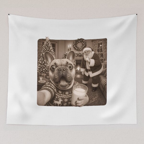 Item preview, Funny French Bulldog Selfie Holding Glass of Milk with Santa Claus Watching designed and sold by empiric-designs.