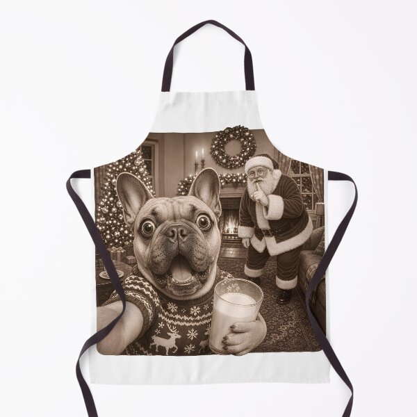 Item preview, Funny French Bulldog Selfie Holding Glass of Milk with Santa Claus Watching designed and sold by empiric-designs.