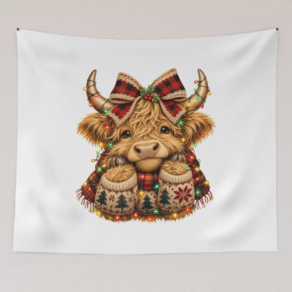 Item preview, Cute Highland Cow Christmas Lights Plaid Bow Winter Holiday designed and sold by noctivaganta.