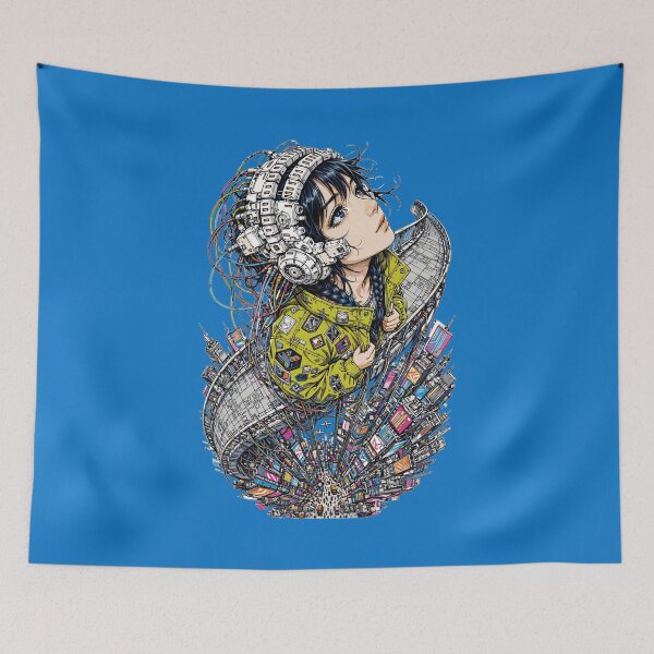 Item preview, Cyberpunk Girl with Fisheye Cityscape and Tech Headphones designed and sold by KungPowUnicorn.