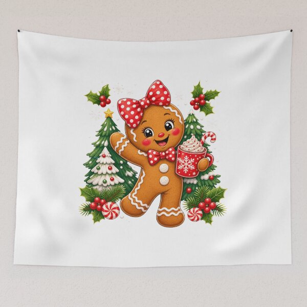 Item preview, Cute Gingerbread Woman Cookie Holding Hot Cocoa With Christmas Trees designed and sold by noctivaganta.