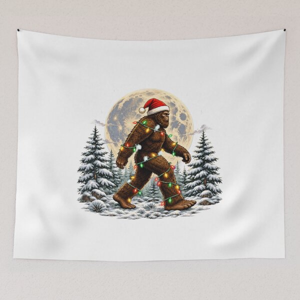 Item preview, Bigfoot Wearing Santa Hat and Christmas Lights Winter Forest Moon designed and sold by noctivaganta.