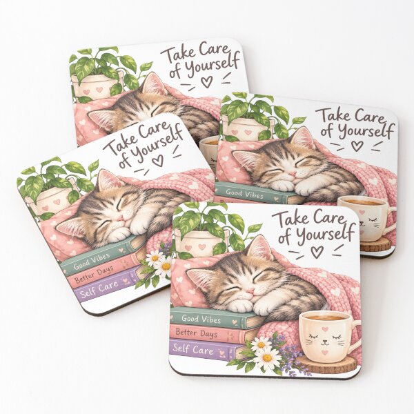 Item preview, Sleepy Cat Self Care – Cozy Kitten, Tea and Positive Vibes Illustration t-shirt classiquee  designed and sold by CuteOasis.